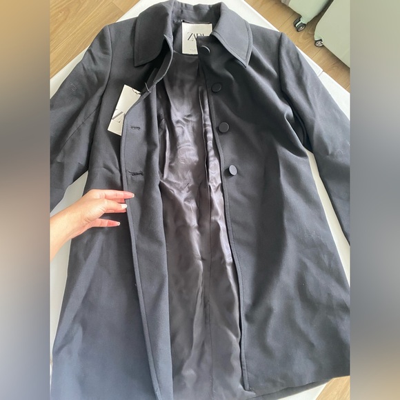 Zara Wool Blend Frock Coat Jacket Lapel collar ZW Collection Black size S NWT - Picture 12 of 16